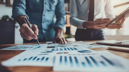 Business professionals analyzing financial charts and data in an office setting