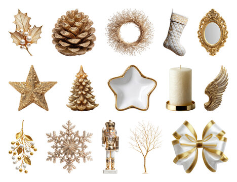 PNG Elegant gold holiday decorations collection, element set on transparent background