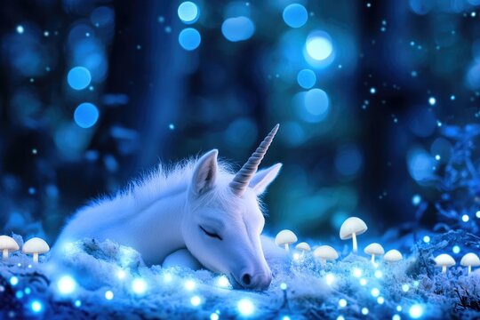Enchanted forest: sleeping unicorn amidst magical glowing mushrooms at twilight