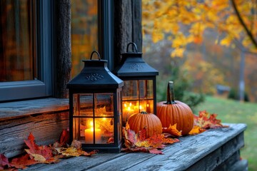 Close-up of glowing rustic lanterns with autumn leaves and pumpkins on a wooden bench in a tranquil fall setting