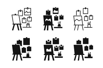 Creative Logo Variations. Creative workspace with art on walls. Set Logo of Creative workspace with art on walls: washi-taped prints arranged in a studio