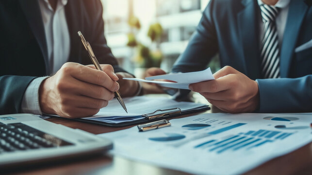 Business professionals discussing financial documents and graphs in an office setting - Powered by Adobe
