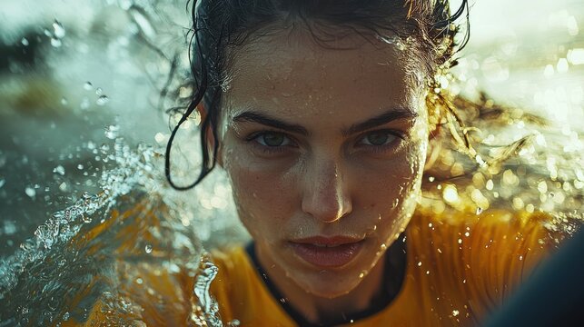 Intense close-up portrait of a female rower facing forward with determination, water droplets on her face and oar creating a dynamic and powerful sports scene