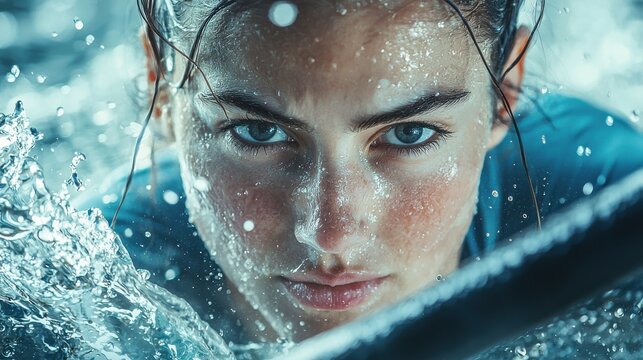 Close-up portrait of a determined female rower with oar, focused expression, water splashes vividly captured