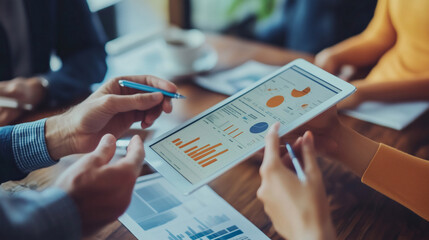 Business team discussing data analysis on digital tablet