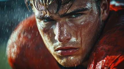 Close-up portrait of a determined male football player in the rain wearing red gear with intense focus and athletic energy