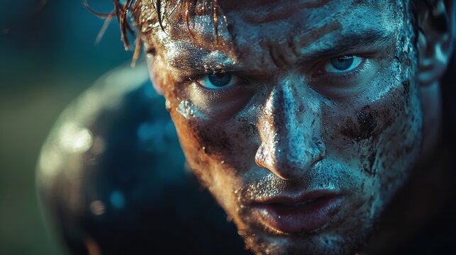 Close-up of a determined male rugby player with intense expression, covered in mud and sweat during a game - Powered by Adobe