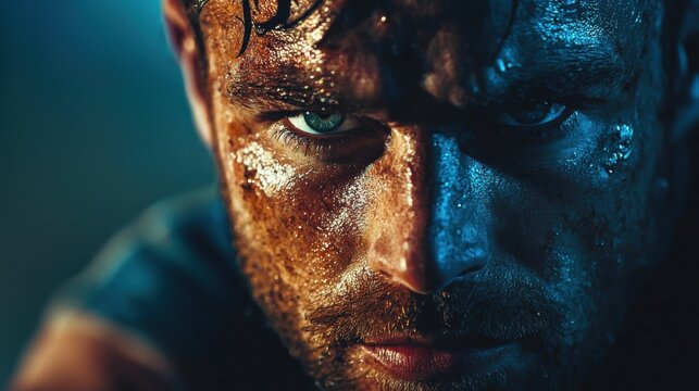 Intense close-up portrait of a determined male rugby player with mud on his face