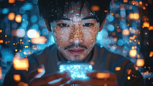 Close-up portrait of a man holding a smartphone surrounded by digital code and neon light reflections