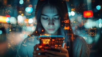 Close-up portrait of a woman scrolling through smartphone apps, with virtual icons and digital interfaces overlayed in a futuristic urban setting at night