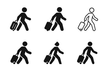 Travel Icon Variations. Wheeling a suitcase. Set Logo of wheeling a suitcase: travel departure icon. Icon set. harmonious logo variations of the same