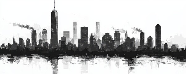 Pixel art cityscape illustration reflecting a skyline with tall skyscrapers and smoke in a monochrome color scheme