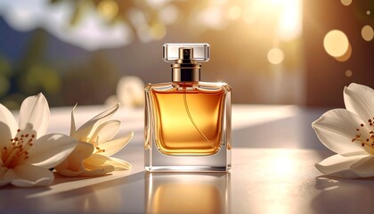 A perfume bottle stands with flowers in natural sunlight