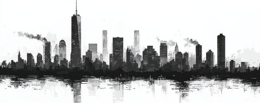 Pixel art cityscape illustration reflecting a skyline with tall skyscrapers and smoke in a monochrome color scheme - Powered by Adobe