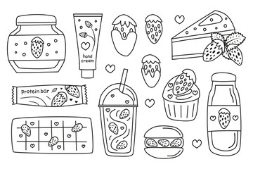 Cute hand drawn outline strawberry desserts and items isolated on white background. Strawberry cheesecake, protein bar, glazed chocolate berries, macaroon, cupcake, milkshake, chocolate, jam, etc.