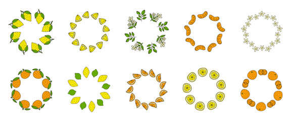 Set of cute round frame with doodle lemons, oranges, tangerines, limes, flowers, leaves isolated on white background. Natural summer illustrations. Circle compositions with citrus fruits.