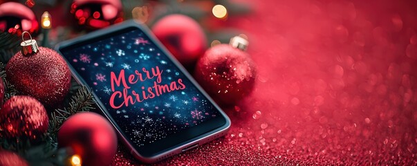 Merry Christmas greeting on mobile phone with festive red ornaments and sparkling lights on vibrant red background