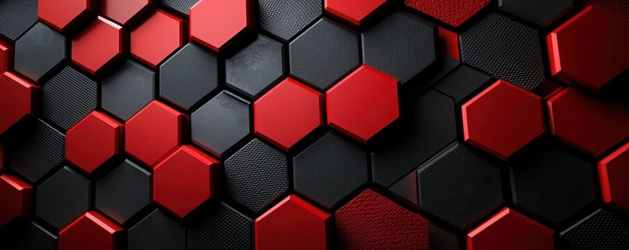 Red and black hexagonal abstract background with 3D texture pattern for modern digital or phone wallpaper.
