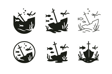Obraz premium Marine Logo Variations. Underwater exploration and marine life. Icon set. Set Logo of Underwater exploration and marine life: shipwreck silhouette. harmonious