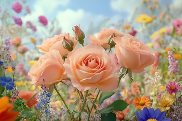 A close-up of peach roses against a backdrop of colorful wildflowers in Peach Fuzz,