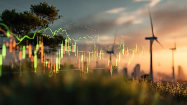 Wind turbines and city skyline at sunset overlaid with stock market data - Powered by Adobe