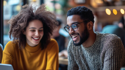 Two people smiling and interacting in a casual setting