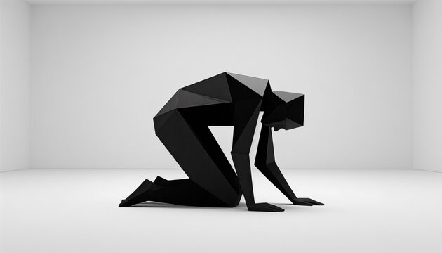 Abstract black figure kneeling in minimalist white room  