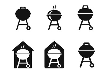 Barbecue Logo Variations. Home barbecues and outdoor kitchens. Icon set. Set Logo of home barbecues and outdoor kitchens: portable charcoal kettle grill.
