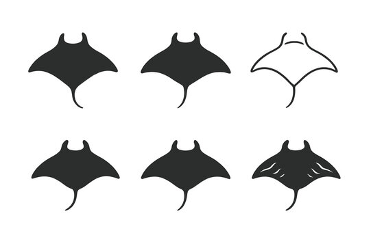Stylized Manta Ray Logos. Aquatic life and underwater creatures. Set Logo of manta ray glider: Negative space, Filled silhouette, Minimal outline, Symmetrical