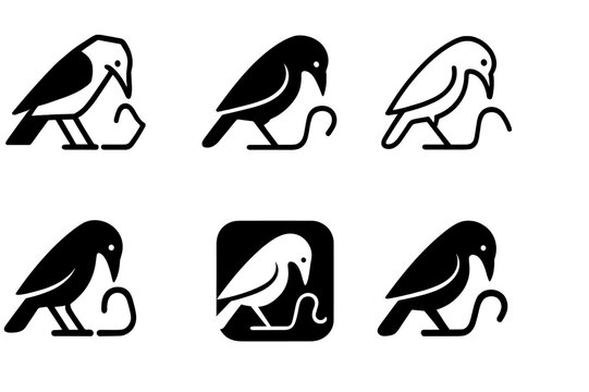 Animal Consciousness Logos. Exploring the consciousness of animals. Set Logo of exploring the consciousness of animals: crow bending wire tool. Icon set.