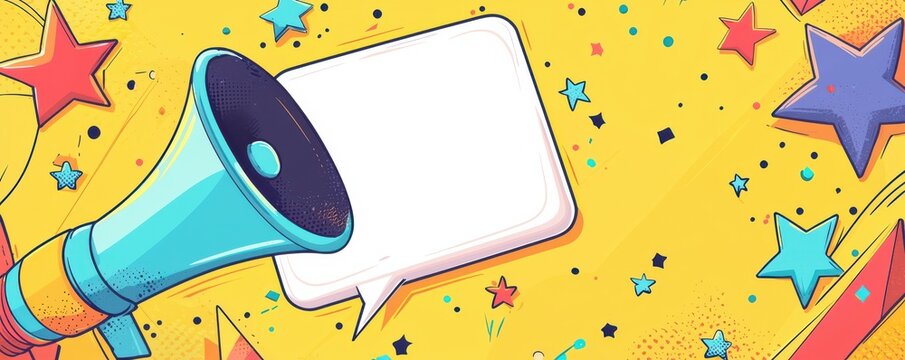 Colorful design with megaphone and speech bubble surrounded by stars and abstract shapes on a vibrant yellow background - Powered by Adobe