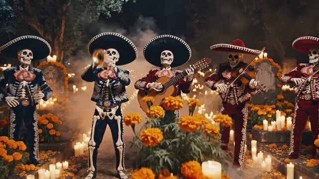 Skeletons in mariachi attire perform music amidst candles and smoke, evoking Dia de Muertos celebration vibes.