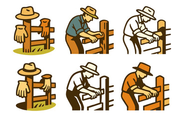 Farmer Fence Logo Variations. A farmer repairing a wooden fence in a field. Set Logo of A farmer repairing a wooden fence in a field: work gloves and hat on