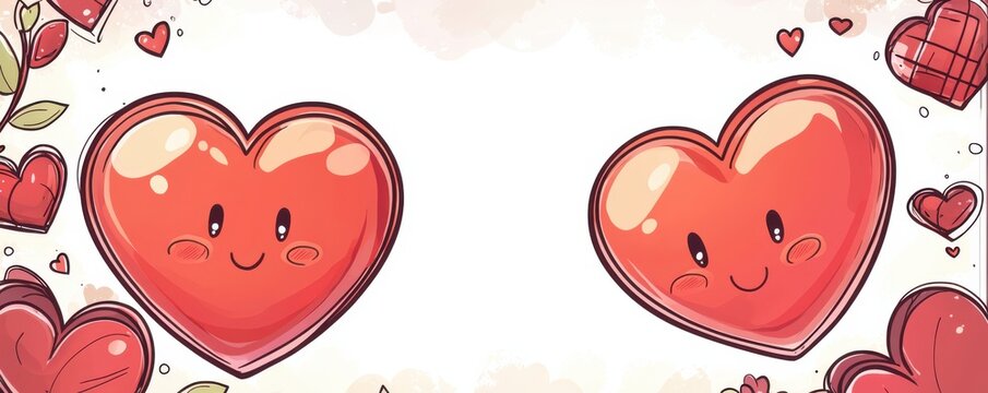 Illustrated Valentine's Day frame with smiling red hearts and white background - Powered by Adobe