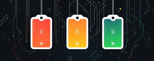 Colorful futuristic design with numbered digital tags and circuit board background