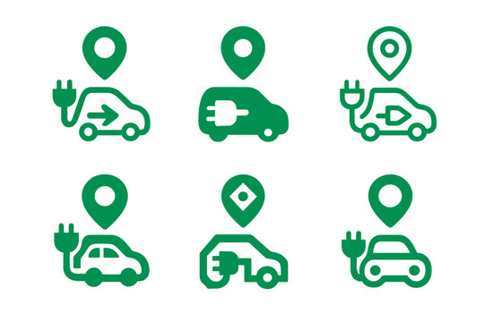 Electric Vehicle Logos. Electric vehicle adoption. Set Logo of electric vehicle adoption: app-based route planner. Icon set. harmonious logo variations of the