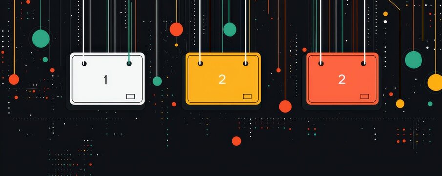 Colorful illustration of digital rankings with hanging numbered panels in abstract design