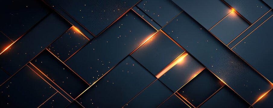 Abstract dark blue background with glowing orange lines and geometric patterns