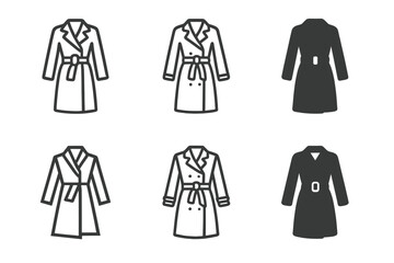 Womenswear Fashion Icons. Womenswear fashion. Icon set. Set Logo of Womenswear fashion: tailored trench coat with belt. harmonious logo variations of the same