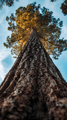 Looking up at a towering redwood tree with its textured bark against a clear blue sky