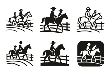 Family Horseback Emblems. A family riding horses through a farm?s open pasture. Icon set. Set Logo of a family riding horses through a farm?s open pasture: