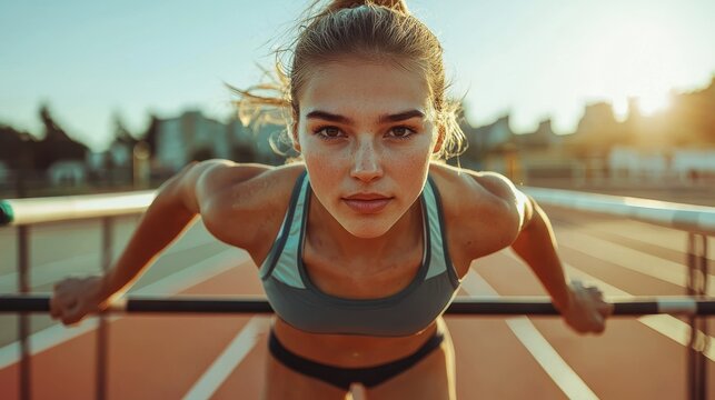 Dynamic portrait of a female hurdler mid-jump on a sunny outdoor track, showcasing athleticism and determination