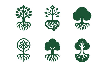 Nature Therapy Logos. Nature-based therapies for mental health. Set Logo of Nature-based therapies for mental health: tree with intertwined brain roots. Icon