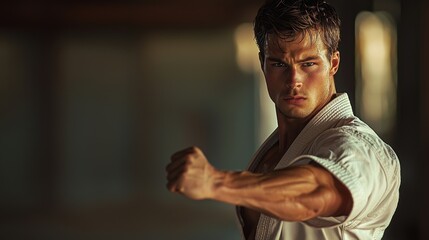 Focused male martial artist practicing martial arts technique in traditional white gi indoors with determination and focus