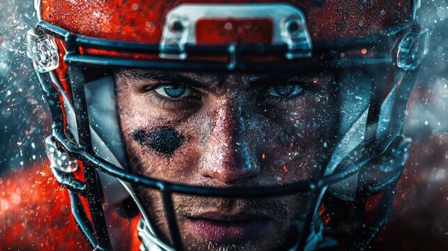 Intense close-up portrait of a determined male football player in full gear with helmet, showcasing focus and concentration on the field