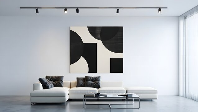 Modern living room interior with white sofa, abstract painting, and track lighting creating a minimalist and stylish space for relaxation and contemporary living