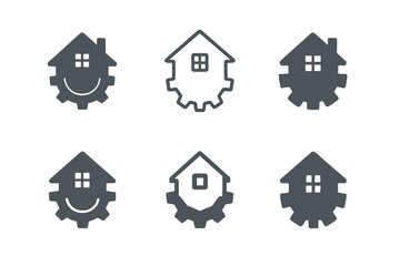 Fototapeta premium Home Maintenance Logos. Home maintenance tips. Set Logo of Home maintenance tips: house with gear symbol. Icon set. harmonious logo variations of the same