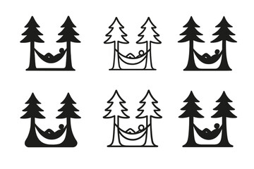 Fototapeta premium Hammock Nature Logos. People enjoying peaceful, solitary moments in nature. Set Logo of People enjoying peaceful, solitary moments in nature: hammock strung