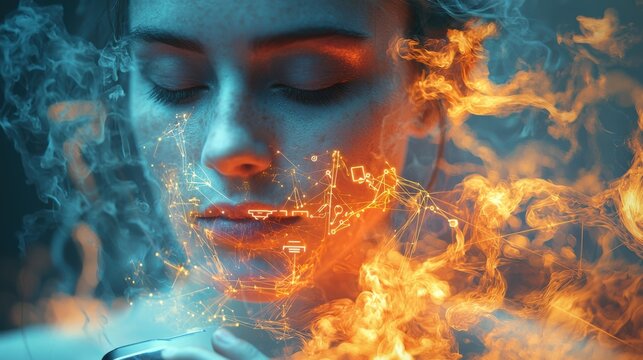 Surreal portrait of a woman surrounded by digital flames with closed eyes and serene expression - Powered by Adobe