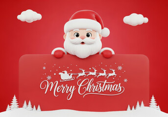 3D cartoon Santa holding "Merry Christmas" sign with sleigh and reindeer.
